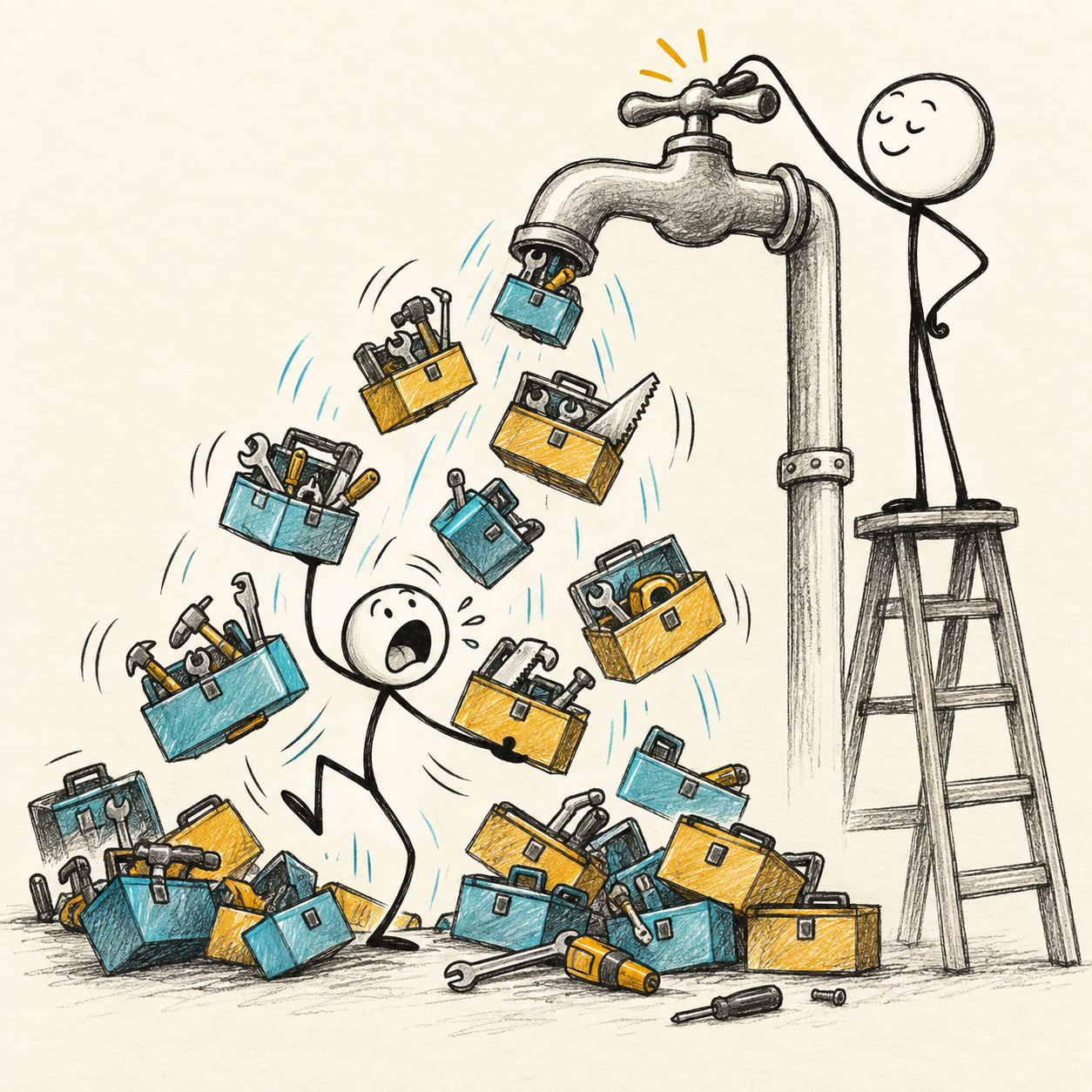 Visual metaphor: assistant juggles multiplying toolboxes while a supervisor closes the supply tap.