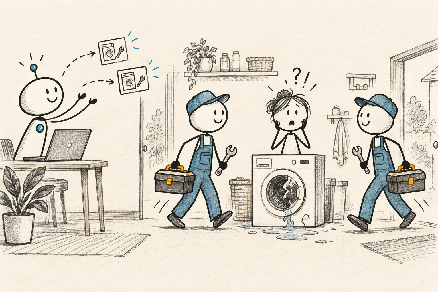 Hypothetical failure: two mechanics arrive at one washer after duplicate booking cards are sent.