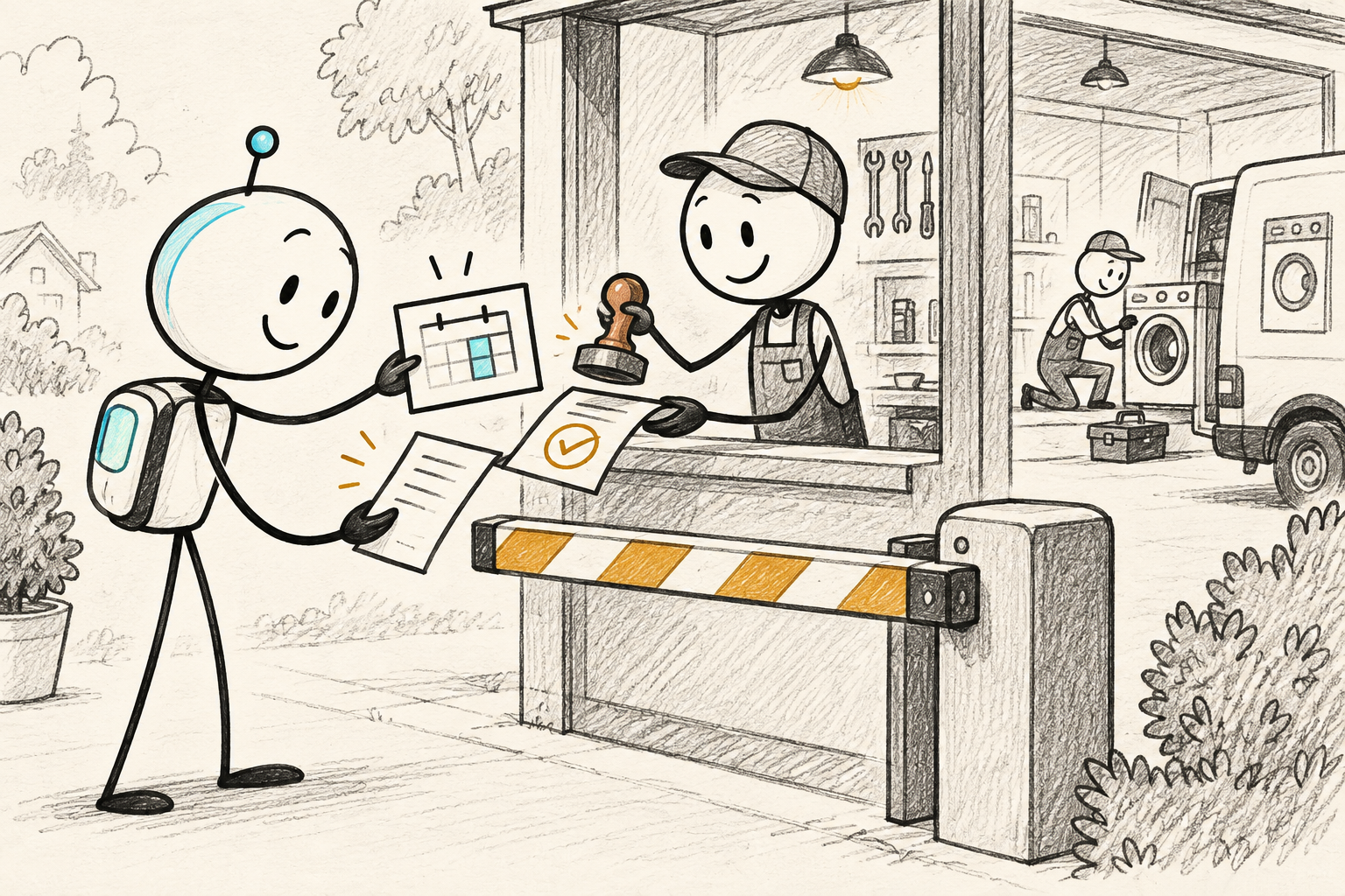 Visual metaphor: assistant passes a proposed booking through a controlled gate to a clerk, then checks the receipt.