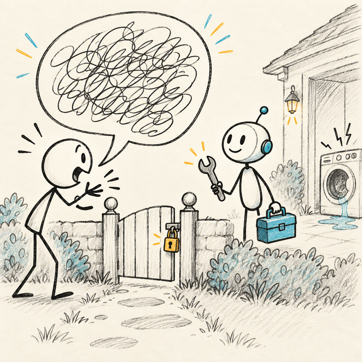 Visual metaphor: a persuasive stick character cannot talk open a locked gate.