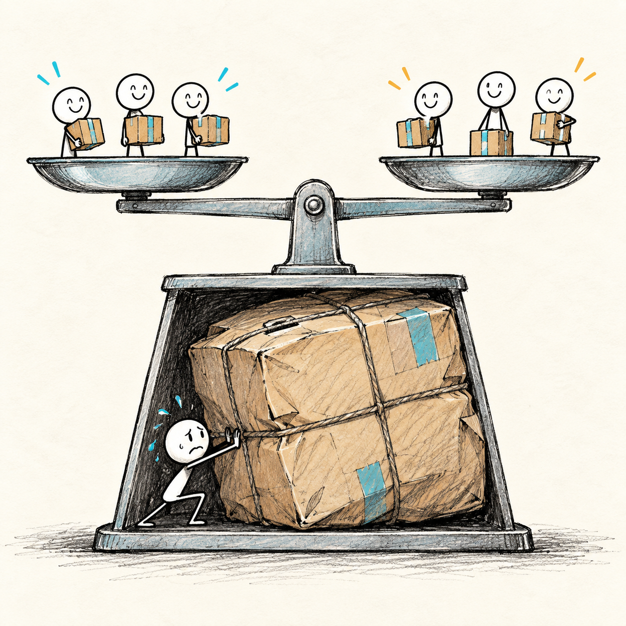 Visual metaphor: many small parcels distract from a large awkward parcel beneath a scale.