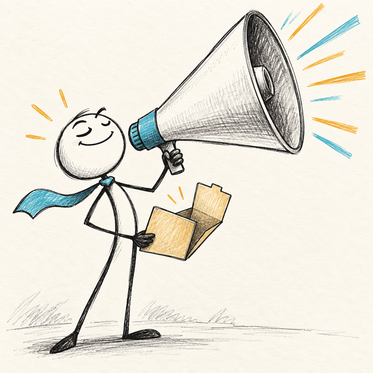 Visual metaphor: assistant uses a huge megaphone while holding an empty evidence folder.