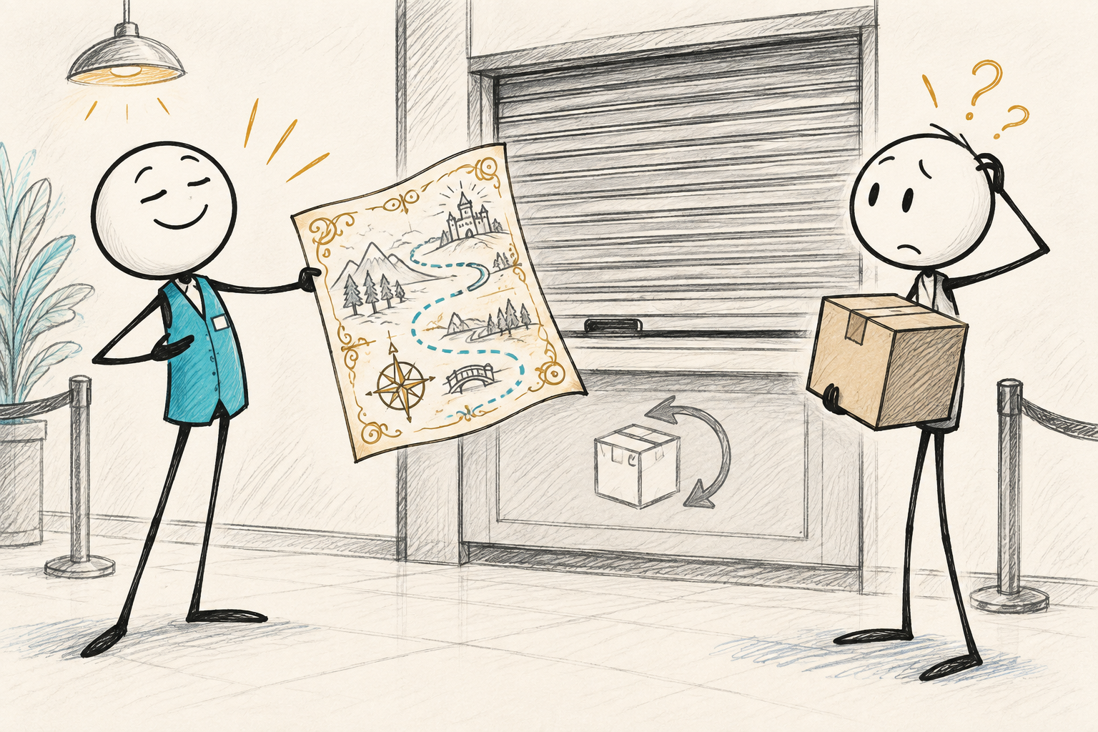Hypothetical failure: customer follows polished instructions to a closed return counter, still holding the parcel.