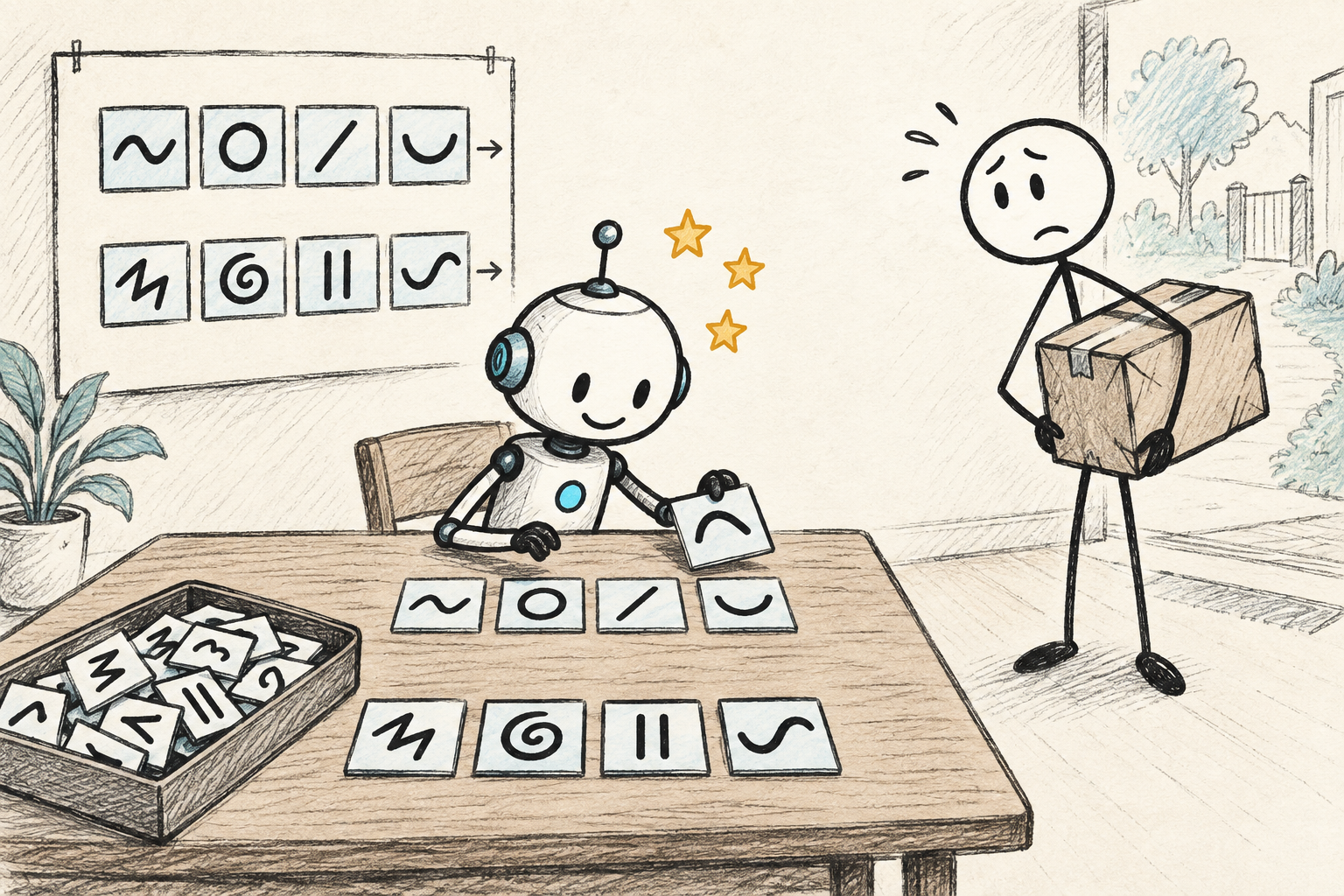 Visual metaphor: a student earns stars for word exercises while a customer with a real parcel waits outside the training table.