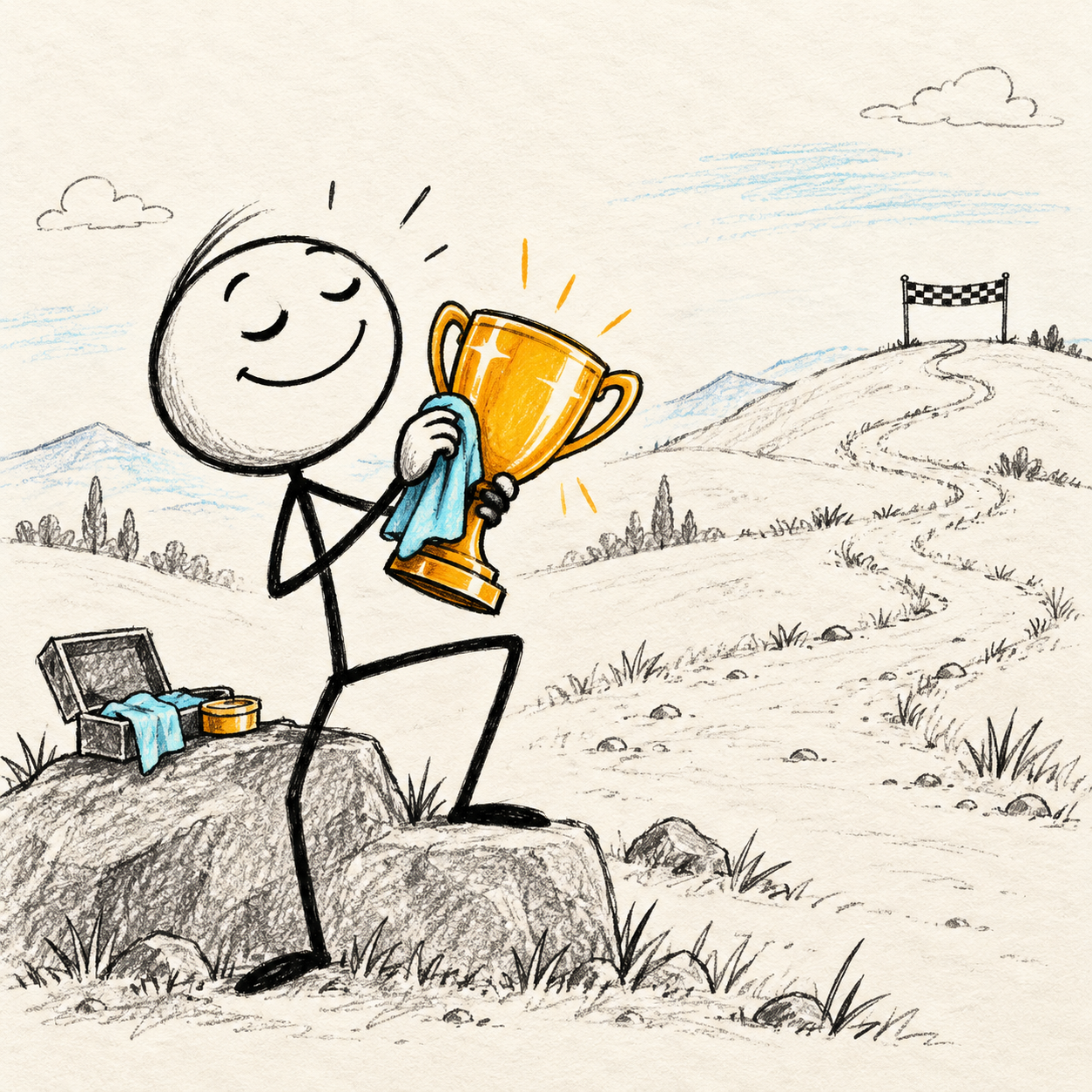 Visual metaphor: runner polishes a trophy far from the actual finish line.