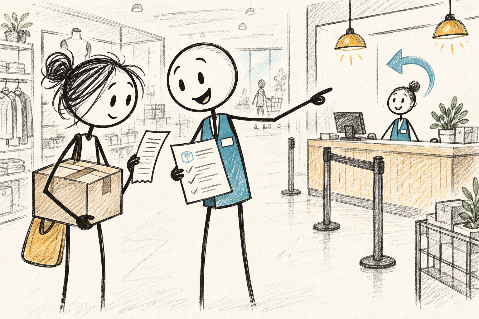 Helper compares the receipt and current policy with the customer before directing them to a staffed counter.