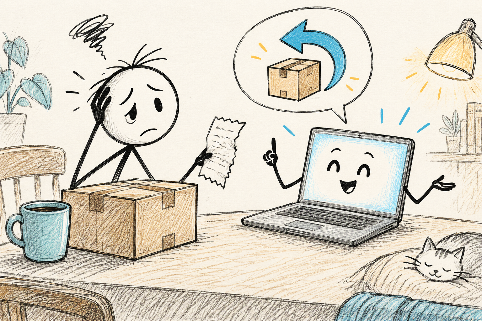 Customer with a parcel and receipt asks a laptop assistant for return instructions.