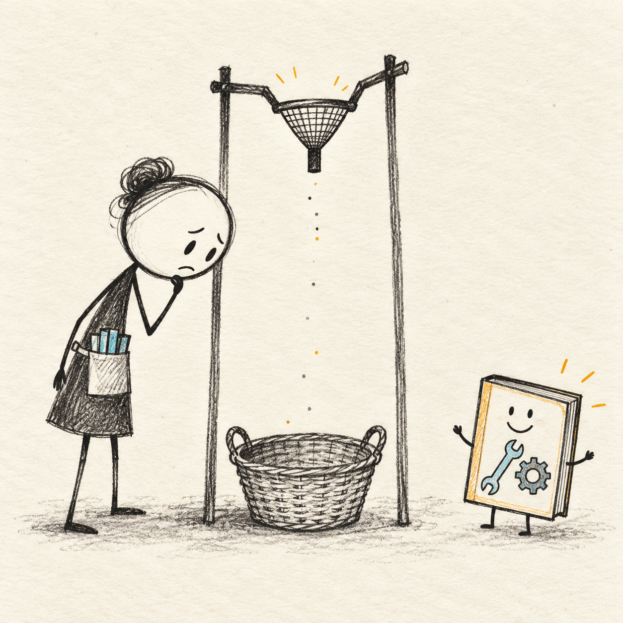 Visual metaphor: a narrow sieve excludes a useful manual and leaves a librarian with an empty basket.