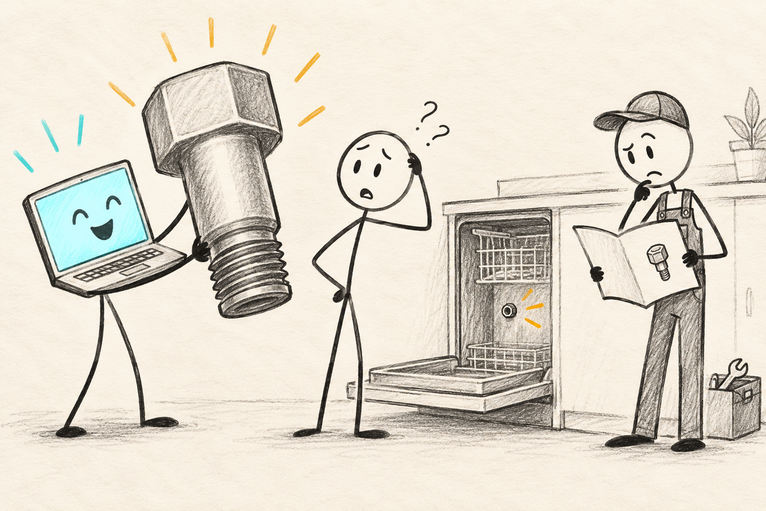 Hypothetical consequence: an oversized wrong part will not fit a small dishwasher socket; a mechanic holds the mismatched manual.
