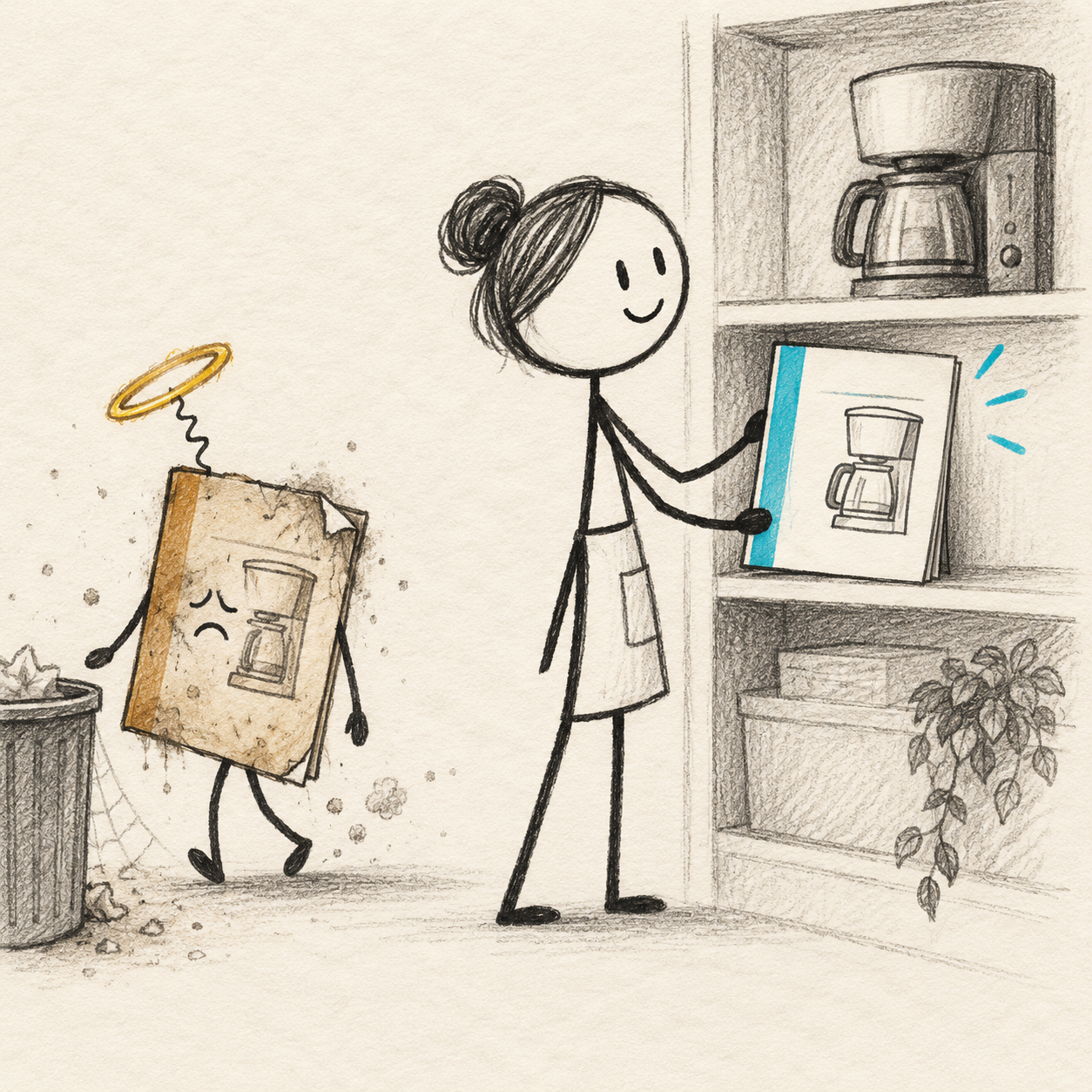 Visual metaphor: librarian replaces a dusty manual whose halo falsely suggests authority.