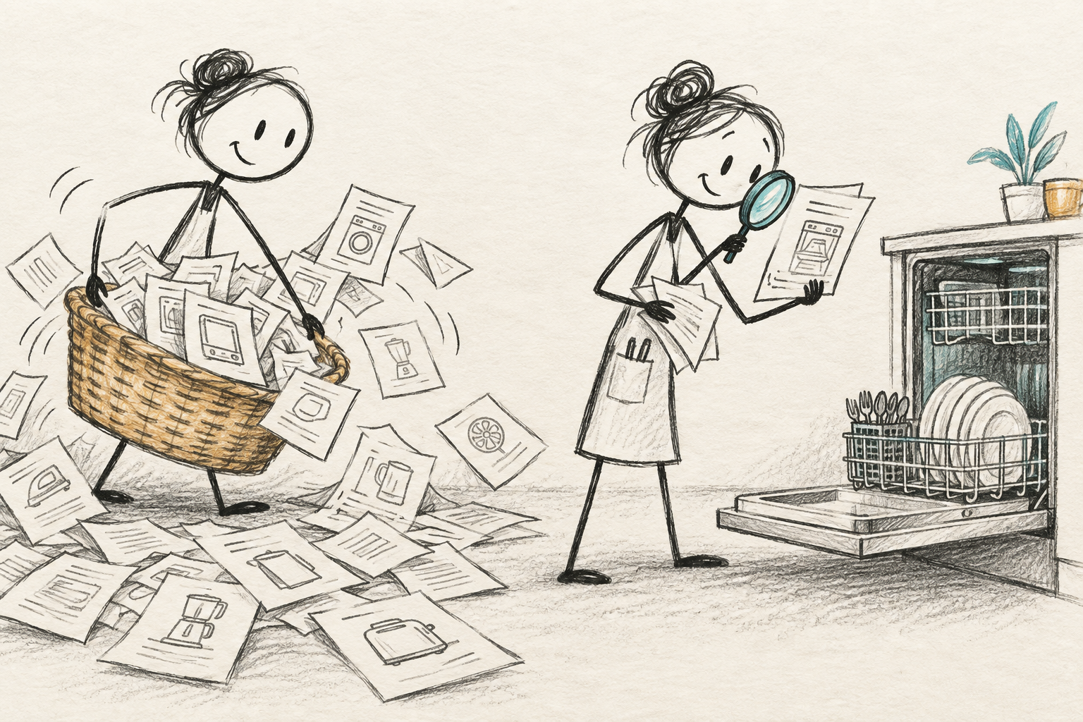 Visual metaphor: a librarian gathers a broad basket of pages and then examines selected manuals with a magnifying glass.