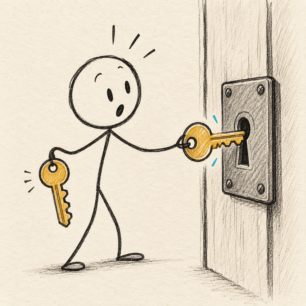 Visual metaphor: similar keys are held beside a lock; only one fits.